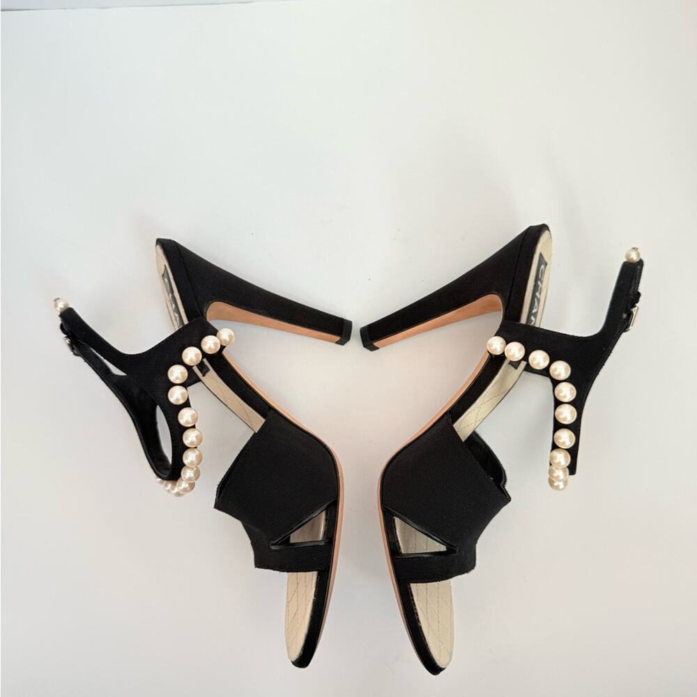 Chanel Black Grosgrain Pearl Slingback Heels Sandals CC Logo EU 41 - Picture 4 of 11